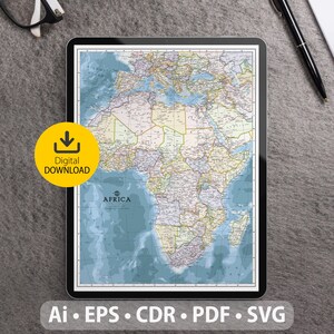 Mapa vectorial de África. Archivos SVG, AI, EPS, CDR y PDF incluidos. Mapa detallado del continente africano escalable y editable. Para decoración, estudio y viajes.