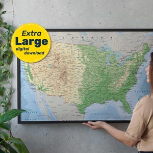 Mapa físico detallado de Estados Unidos. Mapa vectorial del terreno de Estados Unidos. Impresión de mapas educativos con ciudades y capitales. Descarga en formato svg, jpg, png y pdf.