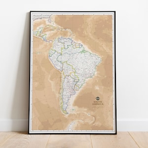 Mapa administrativo de América del Sur / Mapa de América del Sur Póster Impresión Giclee / Mapa mural político del continente americano sobre lienzo. Mapa antiguo