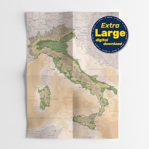 Vintage fysieke kaart van Italië. Italiaanse terrein vectorkaart. Educatieve kaartprint met steden en hoofdsteden. Digitale download svg, jpg, png en pdf.