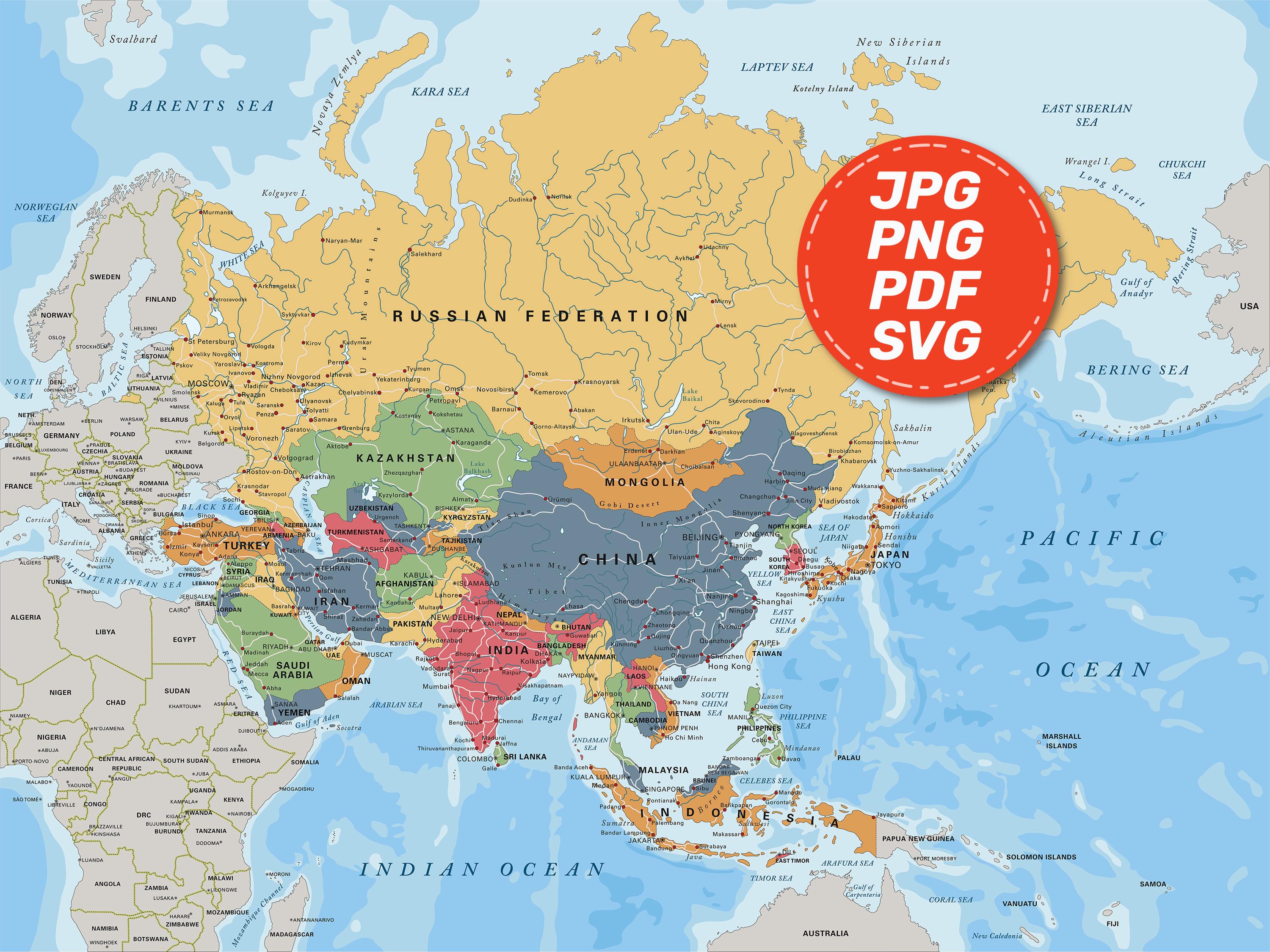 Political Map of Asia. Large Printable Asia Map Poster Full Color With ...