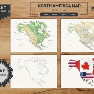 Kaartbundel voor Noord-Amerika. Afdrukbare Amerika-kaartenset. Politieke, fysieke, blanco en vlagkaart. Digitale download SVG - jpg - png - PDF-formaat!