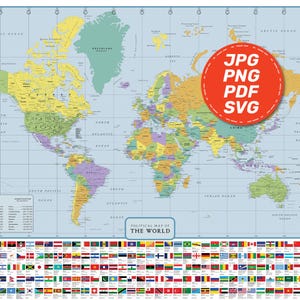 Mapa del mundo impreso con banderas nacionales. Mapa político del mundo detallado y colorido para imprimir. Proyectos escolares de bricolaje, decoración del aula.