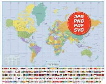 World Map Print with national flags. Detailed colorful PRINTABLE Political Map of the World. Diy School projects, classroom decoration.