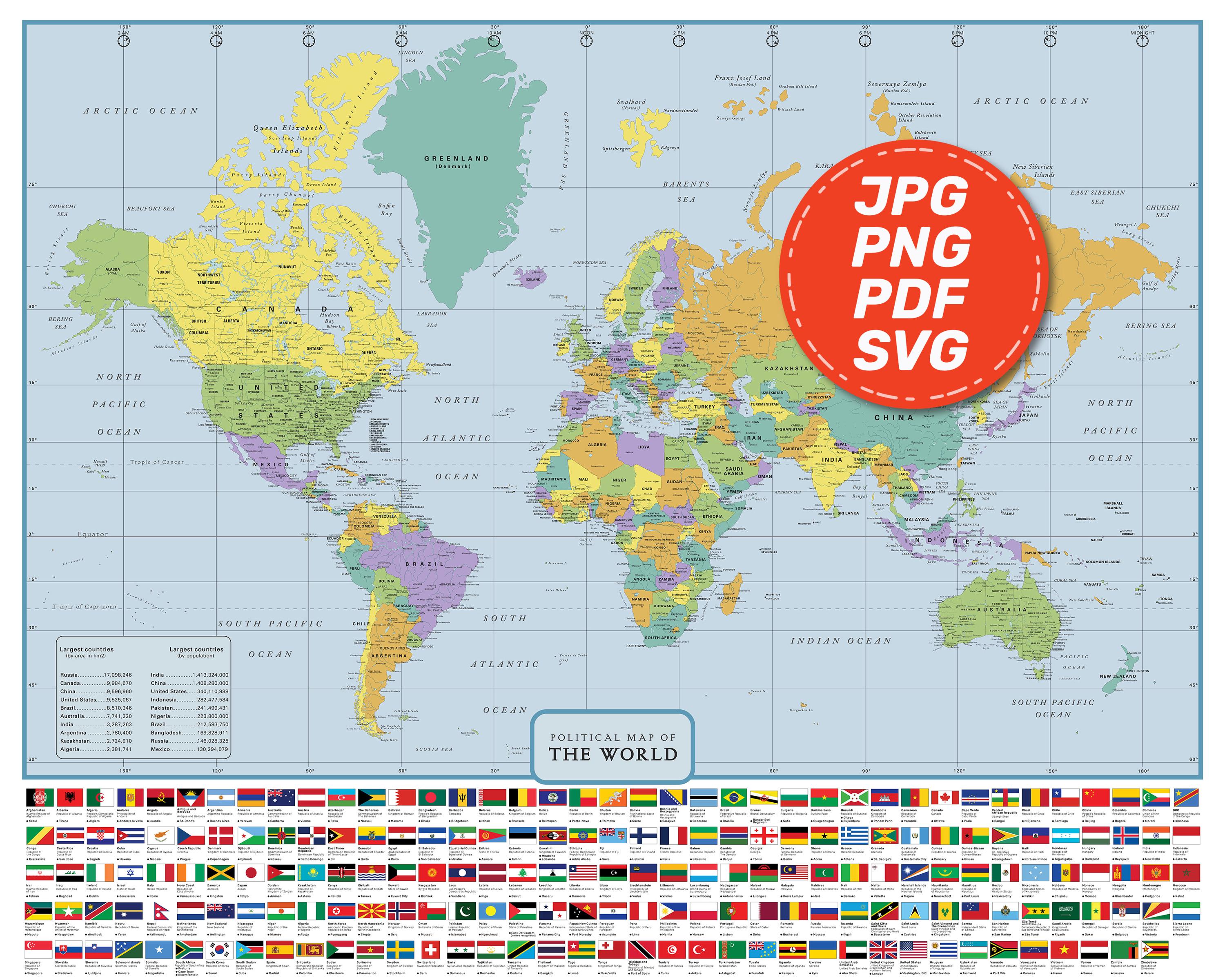 国旗付き世界地図プリント。詳細でカラフルな印刷可能な世界政治地図