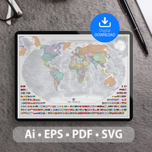 Mapa vectorial del mundo. Archivos SVG, AI, EPS, CDR y PDF incluidos. Mapa del mundo detallado, escalable y editable. Ideal para decoración, estudio y viajes.