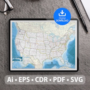 Mapa vectorial de Estados Unidos. Archivos SVG, AI, EPS, CDR y PDF incluidos. Mapa detallado de los Estados Unidos de América escalable y editable. Para decoración, estudio y viajes.