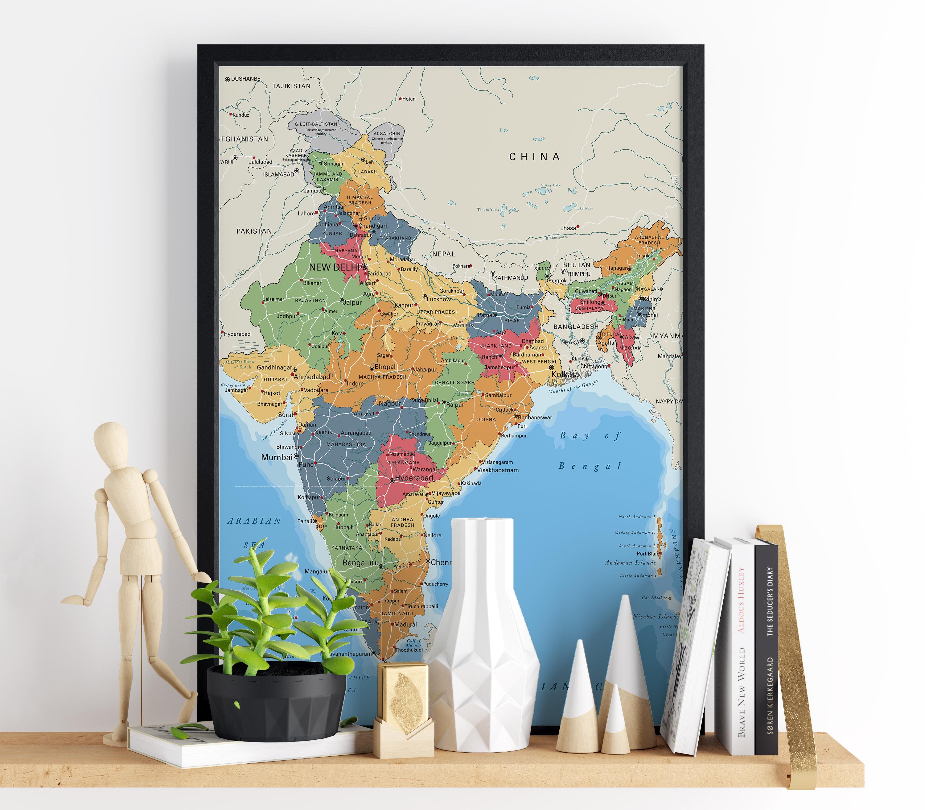 India Political Map. Educational Detailed Indian Map Poster With Cities ...