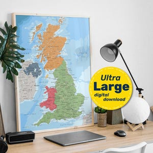 Mapa Político do Reino Unido. Grande pôster detalhado do mapa da Grã-Bretanha com cidades e capitais. Download digital instantâneo em Jpg, Png, Svg, Pdf.