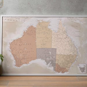Carte de l'Australie beige marron. Carte politique détaillée vintage avec les pays et les villes. Art mural imprimable. Pour les voyages, l'éducation et la décoration.