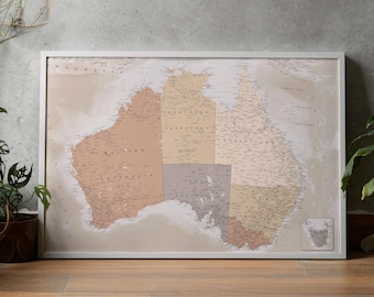 Australia Beige Brown Map. Detailed Vintage political Map with countries and cities. Printable Wall Art. For Travel, Education, & Decor.