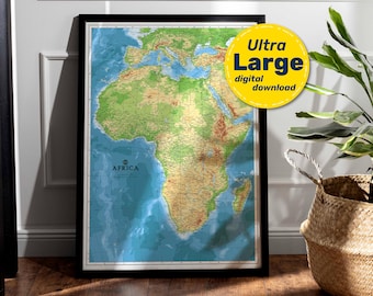Africa Physical Map Print. High-Resolution PRINTABLE Africa Continent Map. Africa Map Wall Art. Download For Travel, Education, & Decor.