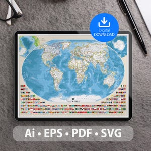 Mapa vectorial del mundo. Archivos SVG, AI, EPS, CDR y PDF incluidos. Mapa del mundo detallado, escalable y editable. Ideal para decoración, estudio y viajes.