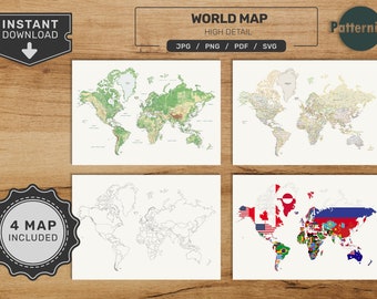 World Map Bundle. Printable World Map Set. Political, Physical, Blank and Flag Map version. Digital Download svg - jpg - png - pdf format!
