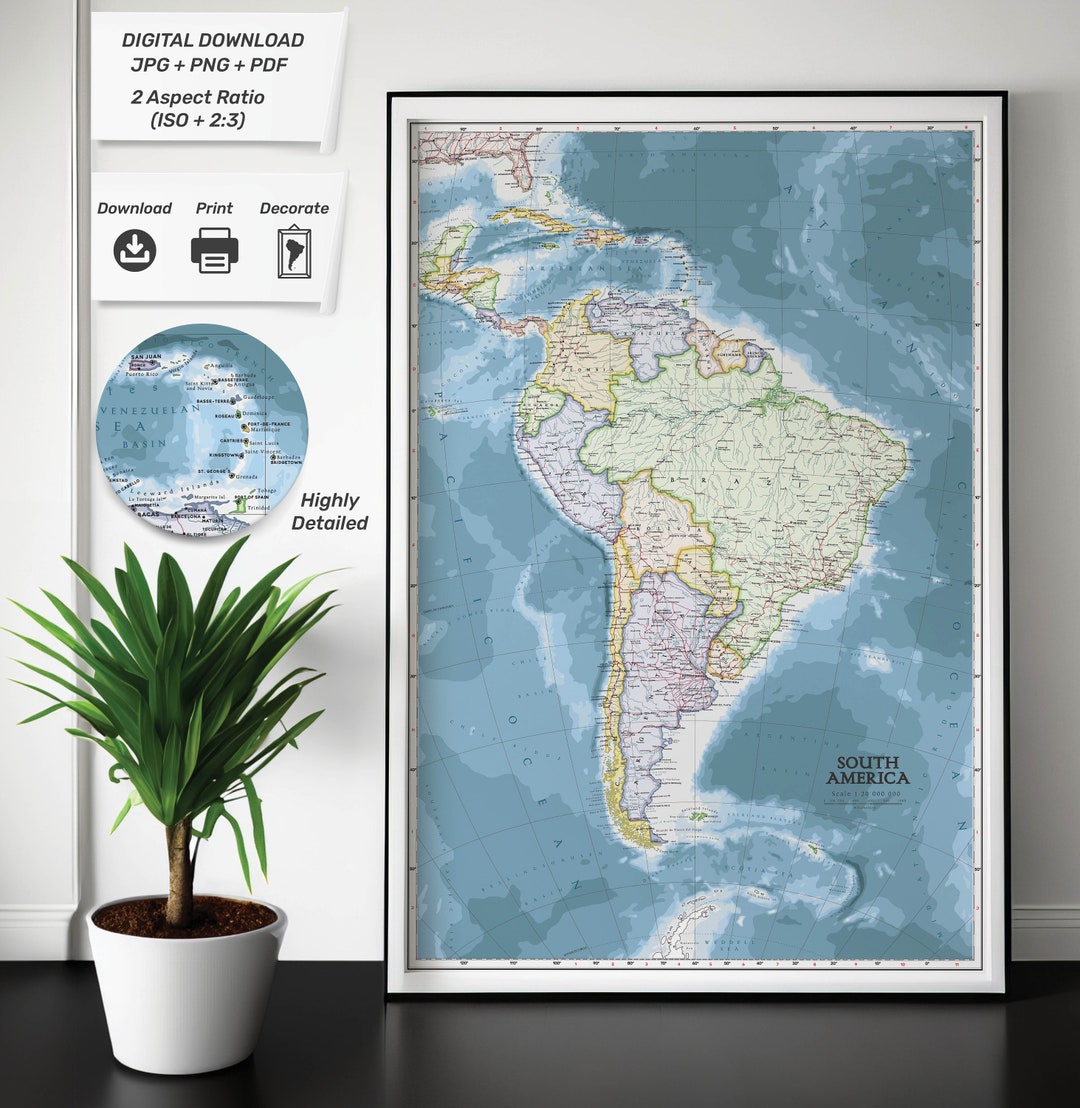 South America Map Print South America Map Wall Art PRINTABLE - Etsy