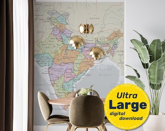 Political Map of India. Large detailed Indian map poster with cities & capitals. Instant Digital download in Jpg, Png, Svg and Pdf formats.