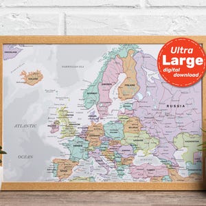 Politische Detailkarte von Europa. Große druckbare Europa Karte Poster in Farbe mit Ländern, Städten, Hauptstädten. Jg, png, svg, pdf Download
