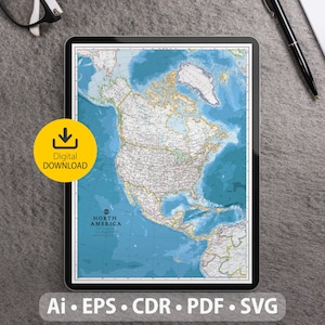Mapa vectorial de América del Norte. Archivos SVG, AI, EPS, CDR y PDF incluidos. Mapa detallado de América del Norte escalable y editable. Para decoración, estudio y viajes.