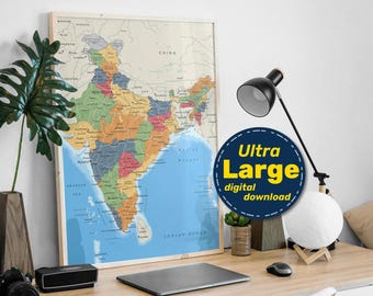 India Political Map. Educational detailed Indian map poster with cities & capitals. Instant Digital download in Jpg, Png, Svg, Pdf formats.