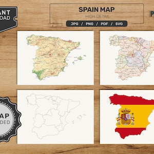 Lot de cartes d'Espagne. Jeu de cartes espagnoles imprimables. Carte politique, physique, vierge et drapeau. Téléchargement numérique svg - jpg - png - format pdf !