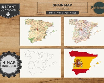 Spain Map Bundle. Printable Spanish Map Set. Political, Physical, Blank and Flag Map. Digital Download svg - jpg - png - pdf format!