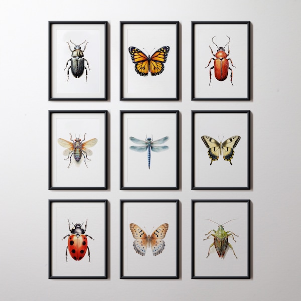 Insect Gallery Wall Art Set Bundle of 9 Printable Bug Illustrations Digital Artwork. Print ready 300 DPI jpg files in 5 aspect ratio.