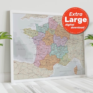 Carte politique de la France. Affiche détaillée avec villes et capitales. Formats Jpg, Png, Svg, Pdf. Idéal pour voyage, déco, éducation.