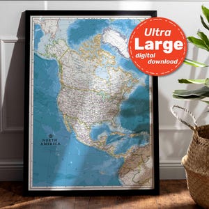 Impression de carte politique de l'Amérique du Nord. Carte imprimable haute résolution de l'Amérique du Nord. Art mural carte de l'Amérique. À télécharger pour les voyages, l'éducation et la décoration