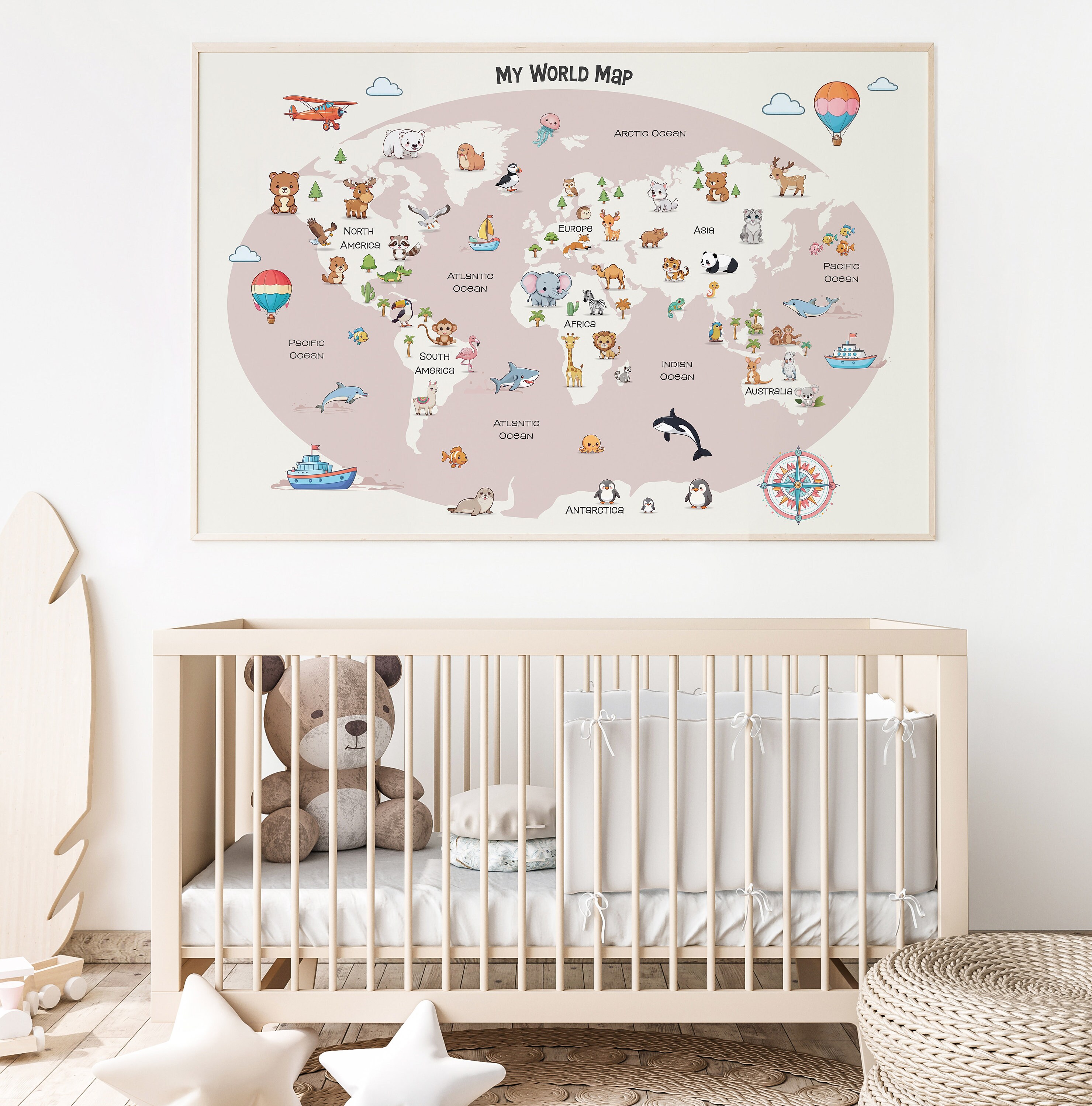 World Map Print for Girls, Animal World Map Print, Nursery Kids Decor ...