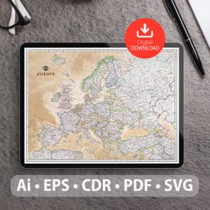 Mapa vectorial de Europa. Archivos SVG, AI, EPS, CDR y PDF incluidos. Mapa detallado de la Unión Europea escalable y editable. Ideal para decoración, estudio y viajes.