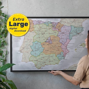 Carte politique de l'Espagne. Grande affiche détaillée de la carte de l'Espagne avec les villes et les capitales. Téléchargement numérique instantané aux formats Jpg, Png, Svg, Pdf.
