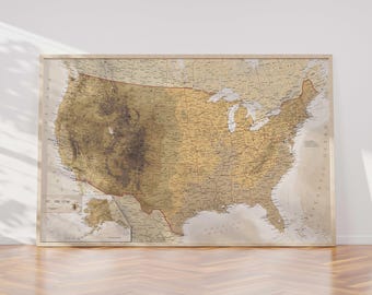 United States Beige Map Print. Natural color Vintage terrain USA Map with cities & capitals. Digital Download for Travel, Education, Decor.