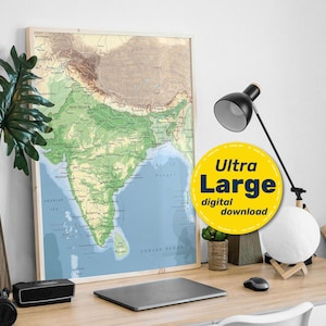 Gedetailleerde fysieke kaart van India. Indiase gedetailleerde kaartposter met steden en hoofdsteden. Downloaden in jpg-png-svg-pdf. Voor reizen, onderwijs, decor.