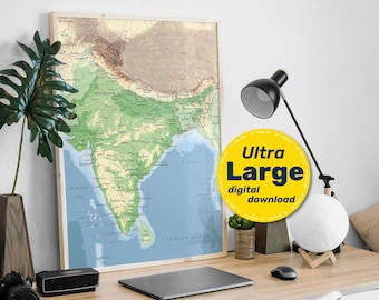 India Detailed Physical Map. Indian detailed map poster with cities & capitals. Download in Jpg Png Svg Pdf. For Travel, Education, Decor.