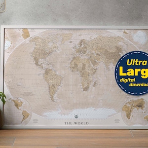 Mapa del mundo en color beige. Mapa del mundo marrón detallado para imprimir. Arte mural con mapas del mundo en colores naturales. Para viajes, educación y decoración del hogar.