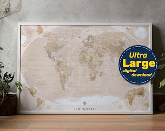 Beige Map of The World. Detailed PRINTABLE brown World Map. World Map Wall Art with natural colors. For Travel, Education & Home Decor.