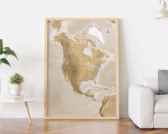 North America Beige Map Print. Natural color Vintage terrain North America Map. Printable Wall Art. For Travel, Education, & Decor.