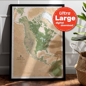 Impressão de mapa físico da América do Norte. Mapa da América do Norte IMPRIMÍVEL de alta resolução. Arte de parede de mapa da América. Baixe para viagens, educação e decoração