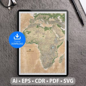Mapa vectorial de África. Archivos SVG, AI, EPS, CDR y PDF incluidos. Mapa detallado del continente africano escalable y editable. Para decoración, estudio y viajes.