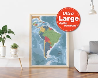 South America Political Map Print. High-Resolution PRINTABLE Map. Colorful with countries, cities, capitals. For Travel, Education, & Decor.