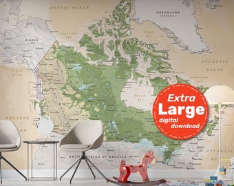 Canada Vintage Physical Map. Canadian Terrain Vector Map. Educational Map Print with cities, capitals. Digital Download svg jpg png and pdf.