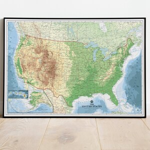 Terrain map of The United States | USA Wall Map Poster Giclee Print | Classic US Physical map poster. Educational Map design.