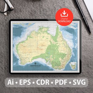 Mapa vectorial de Australia. Archivos SVG, AI, EPS, CDR y PDF incluidos. Mapa detallado de Australia escalable y editable. Ideal para decoración, estudio y viajes.