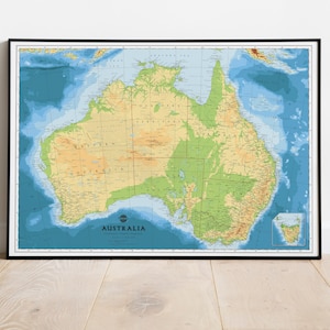 Geländekarte von Australien | Australien Karte Poster Kunstdruck | Klassisches Australien Physisches Kartenposter. Lehrreiche Landkarte design.