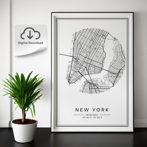 New York City Map Print, moderne, eigentijdse poster in 5 verschillende beeldverhoudingen, geschikt voor alle frameformaten. Zwart en wit. DIGITALE DOWNLOAD.