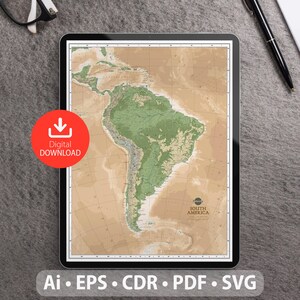 Mapa vectorial de Sudamérica. Archivos SVG, AI, EPS, CDR y PDF incluidos. Mapa detallado de Sudamérica escalable y editable. Para decoración, estudio y viajes.