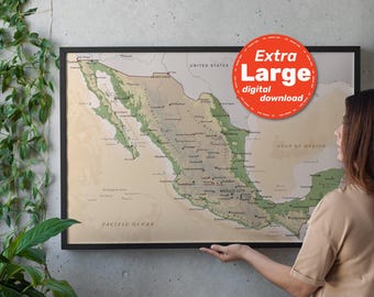 Mexico Vintage Physical Map. Mexican Terrain Vector Map. Educational Map Print with cities, capitals. Digital Download svg jpg png and pdf.