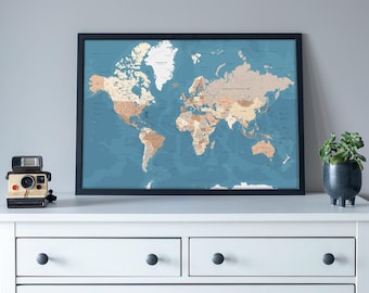 World Map Poster with countries. Printable Blue Beige color Map of the World. High Resolution download with svg, jpg, png and pdf format.