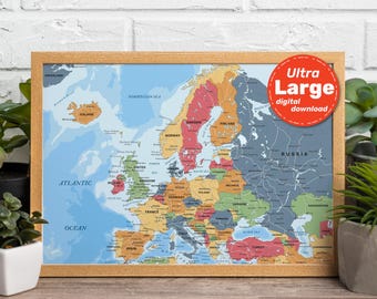 Detailed Political Map of Europe. Large Printable Europe Map poster full color with countries, cities, capitals. Jpg, png, svg, pdf download