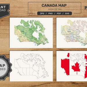 Pacchetto mappa Canada. Set di mappe canadesi stampabili. Mappa politica, fisica, vuota e con bandiere. Download digitale in formato svg - jpg - png - pdf!